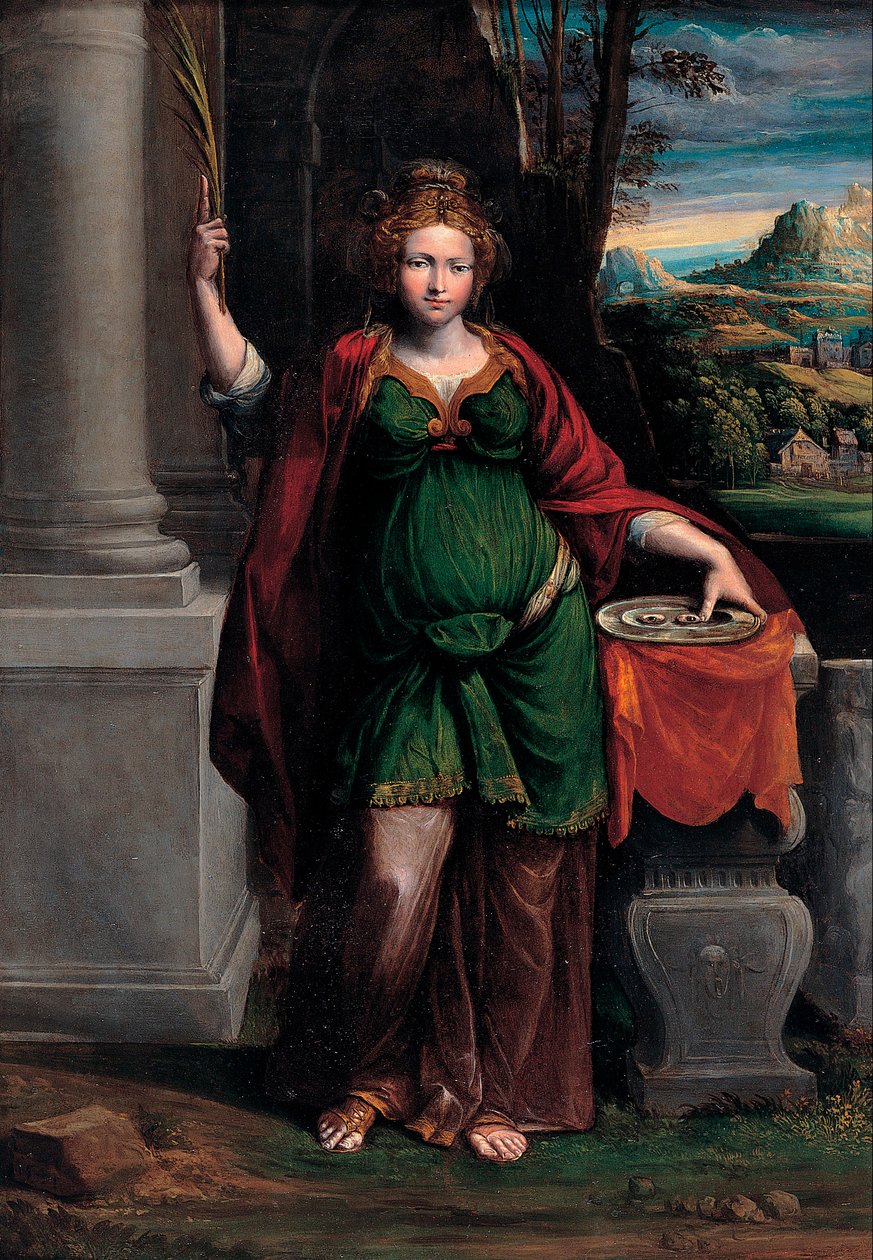 Saint Lucia (Syracuse) (4. vuosisadan alku), jolla on kaksisilmäinen tarjotin (Saint Lucy) - Benvenuto Tisi da Garofalon (Il Garolafo) maalaus (1481-1559), öljy puulle, 63x44 cm tekijältä Benvenuto Tisi da Garofalo