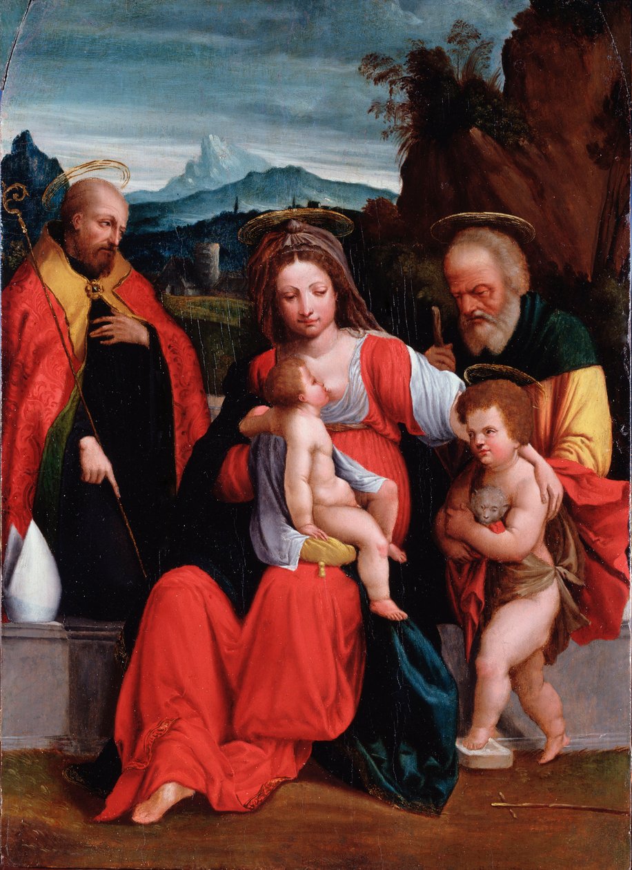 Pyhä perhe, jossa pyhä Johannes Kastaja lapsena ja piispa Garofalon (Benvenuto Tisi) maalaus (1481-1559) Genes, Musei di Strada Nuova (ex Palazzo Rosso) tekijältä Benvenuto Tisi da Garofalo