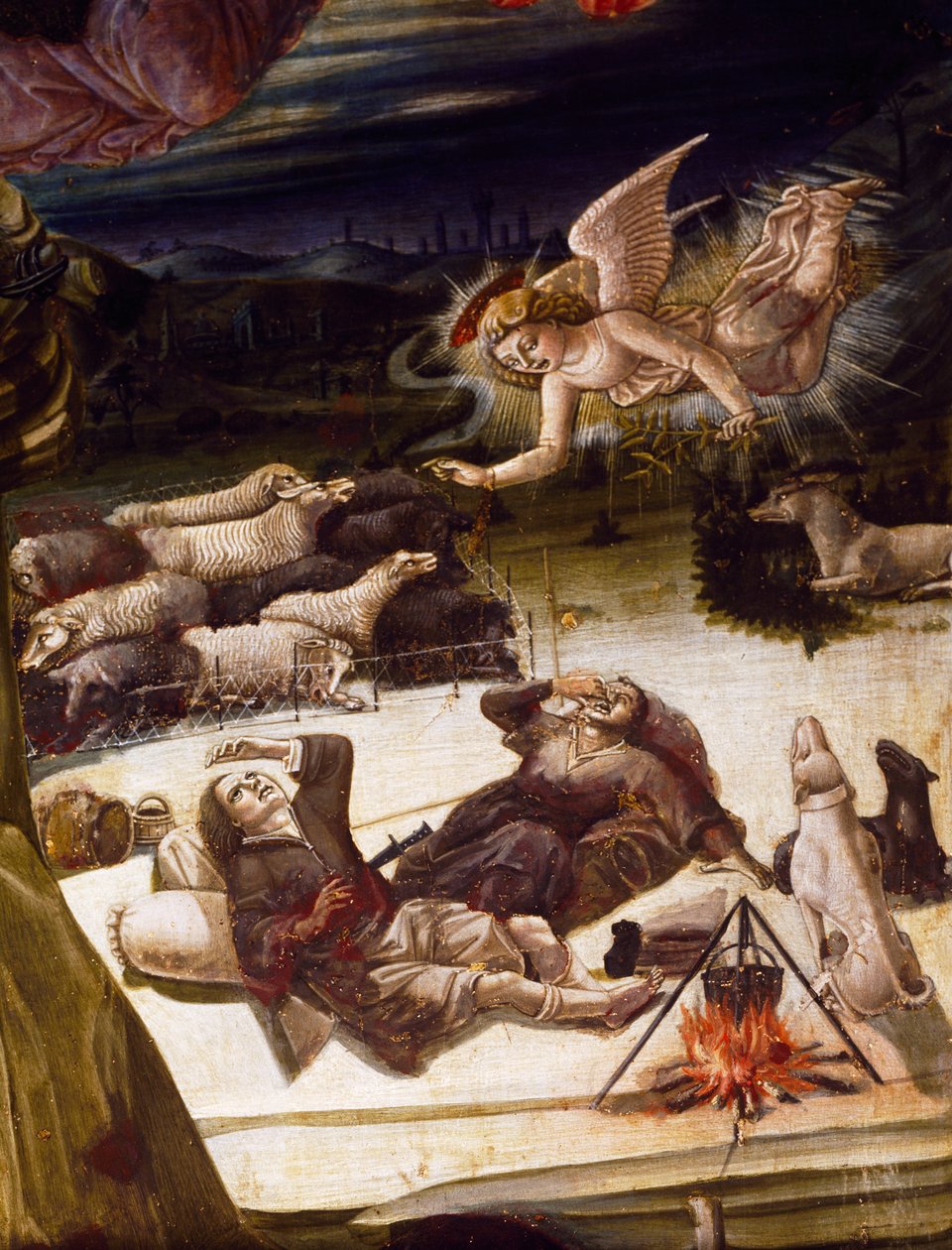 Enkeli ja paimenet, yksityiskohta Benvenuto di Giovannin (1436-ca 1518) alttaritaulusta syntymästä, maalaus puulle. tekijältä Benvenuto di Giovanni