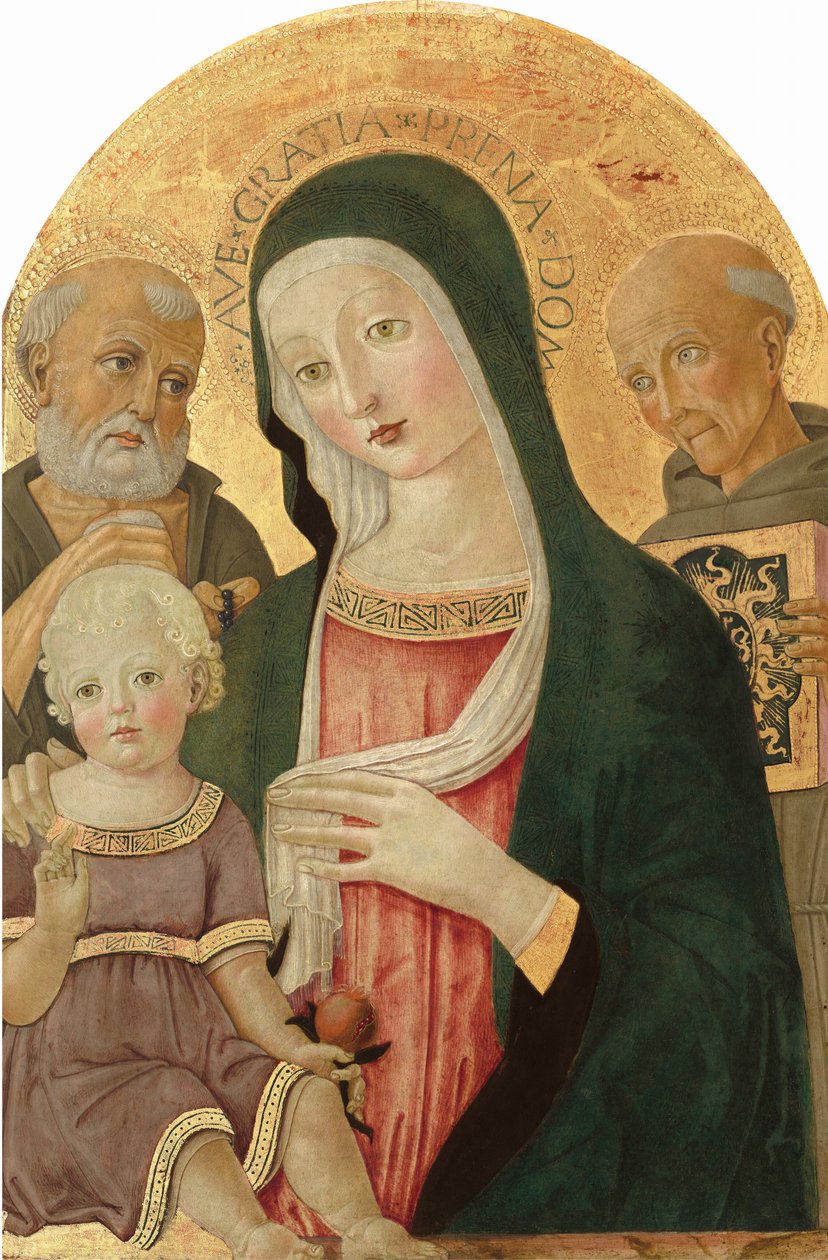 Madonna ja lapsi Pyhän Hieromuksen ja Sienan pyhä Bernardinon kanssa, n. 14801485. tekijältä Benvenuto di Giovanni