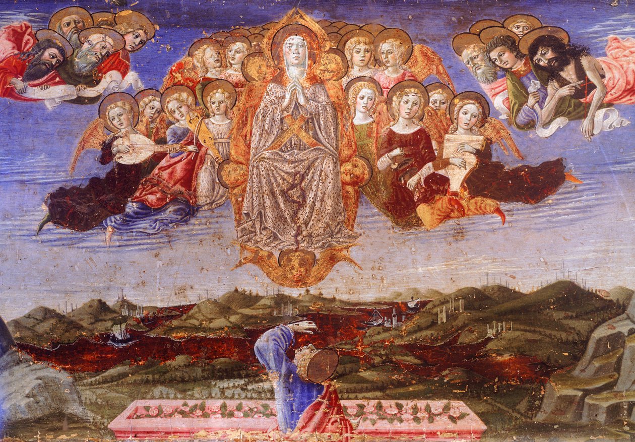 Neitsyt taivaaseenastumisen Predella, Benvenuto di Giovanni (1436-1518), Yksityiskohta tekijältä Benvenuto di Giovanni