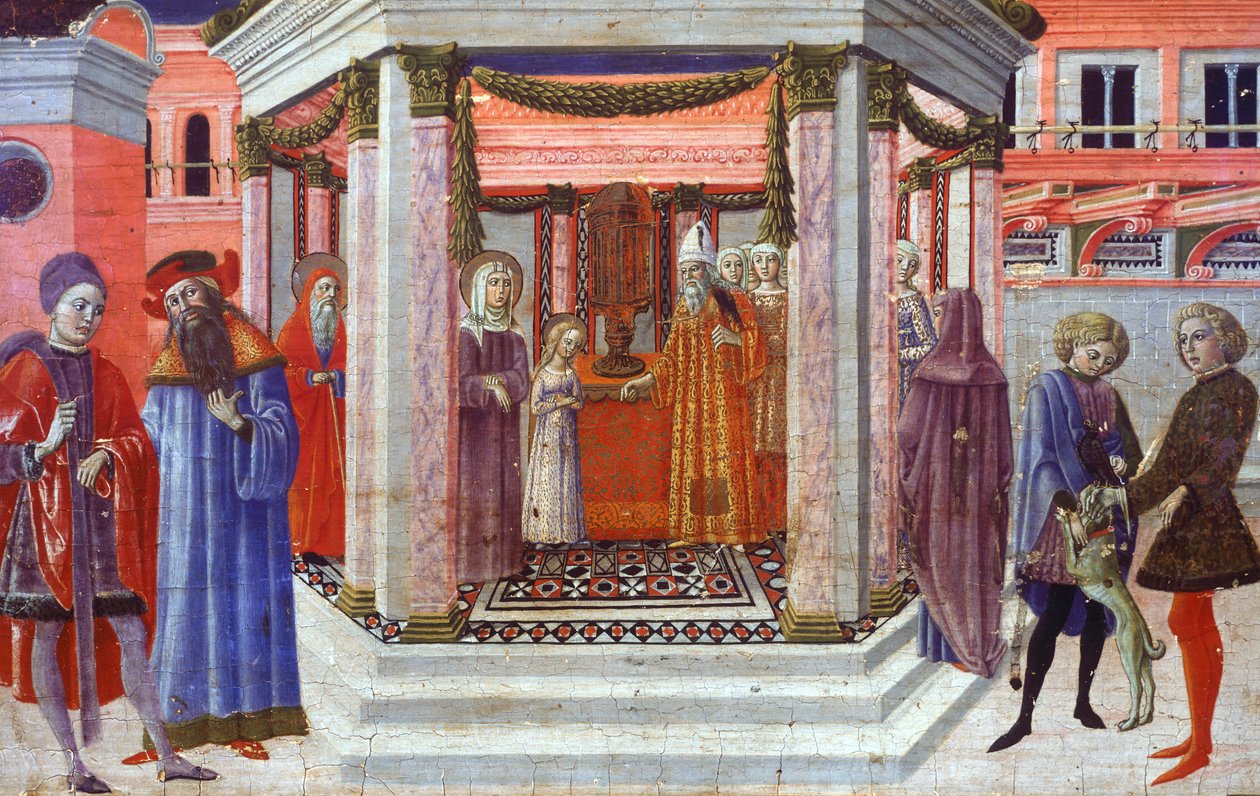 Marian esitys temppelissä, yksityiskohta Benvenuto di Giovannin (1436-1518) predellasta tekijältä Benvenuto di Giovanni