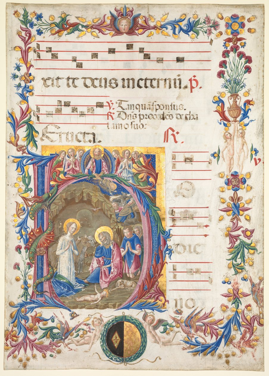 Yksittäinen lehti antifonaasta: Alkuperäinen H[odie nobis] Syntymillä, 1471. tekijältä Benvenuto di Giovanni