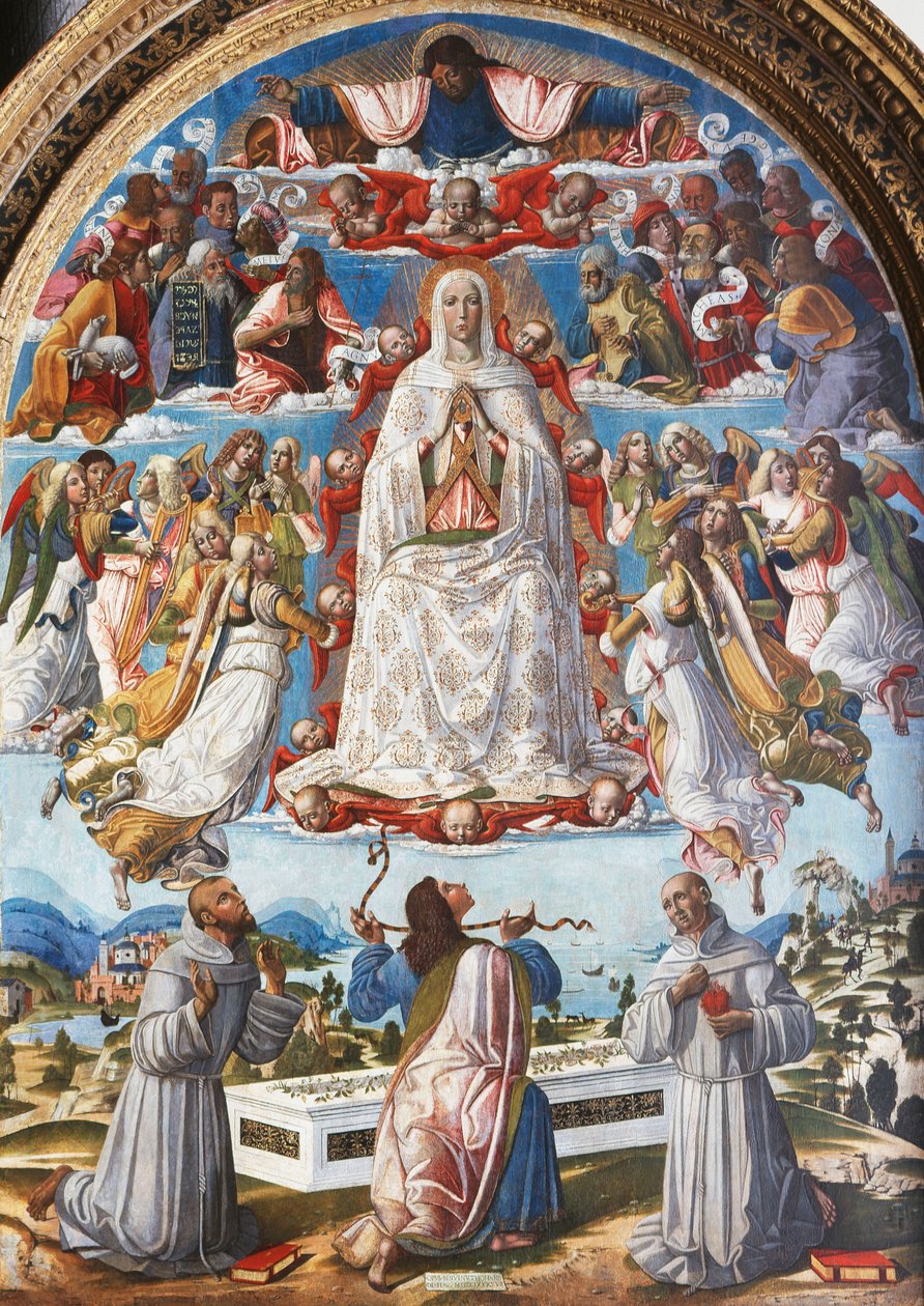 Neitsyt taivaaseenastuminen Pyhän Tuomasin kanssa, joka ottaa vyön pyhien Franciscus Assisilaisen ja Anthony Padovalaisen välillä, 1480-luku tekijältä Benvenuto di Giovanni