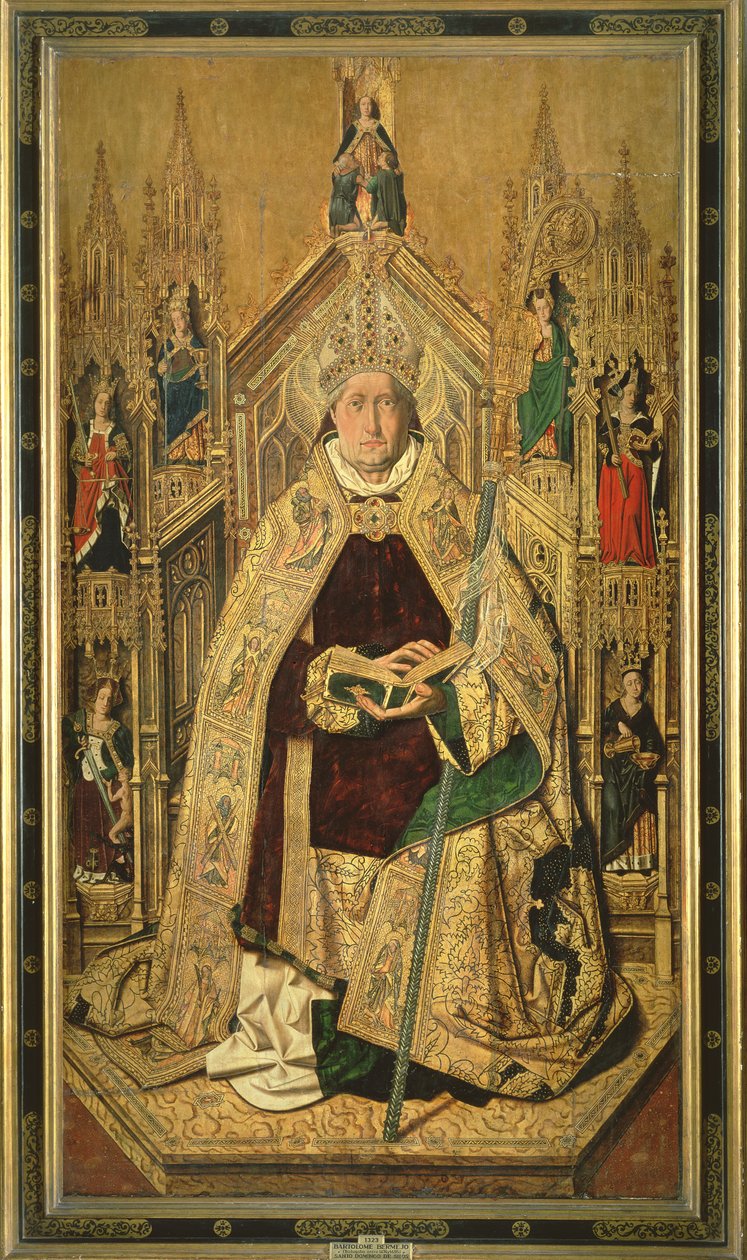 Pyhä Dominikaanus valtaistuimella Siloksen apottina, 1474. tekijältä Bartolomé Bermejo