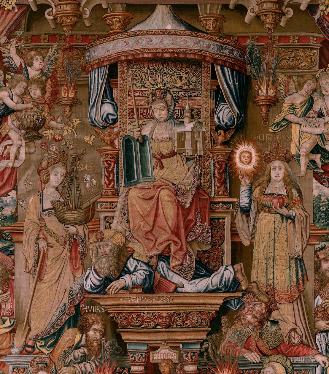 Flanderin kuvakudos. Sarja The Honours. Usko (La Fe). Ensimmäinen kuvakudos sarjassa. Mallisarjakuvapiirtäjät Bernard van Orleyn ja Jan Gossaertin (Mabuse) piiristä. Valmistus Pieter van Aelst, Bryssel. Noin 1550. Kangas Kulta, hopea, silkki ja villa. tekijältä Bernaert van (circle of) Orley