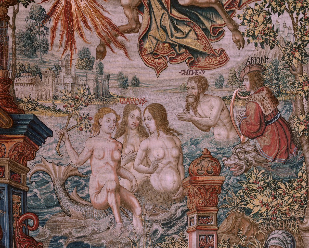 Flanderin kuvakudos. Sarja The Honours. Fame (La Fama). Sarjan kolmas kuvakudos. Mallisarjakuvapiirtäjät Bernard van Orleyn ja Jan Gossaertin (Mabuse) piiristä. Valmistus Pieter van Aelst, Bryssel. Noin 1550. Kangas Kulta, hopea, silkki ja villa. tekijältä Bernaert van (circle of) Orley