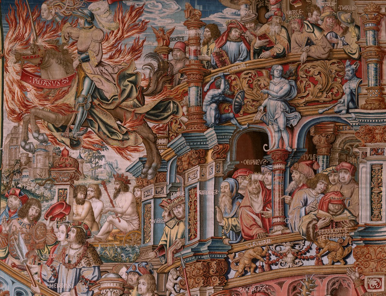 Flanderin kuvakudos. Sarja The Honours. Fame (La Fama). Sarjan kolmas kuvakudos. Mallisarjakuvapiirtäjät Bernard van Orleyn ja Jan Gossaertin (Mabuse) piiristä. Valmistus Pieter van Aelst, Bryssel. Noin 1550. Kangas Kulta, hopea, silkki ja villa. tekijältä Bernaert van (circle of) Orley