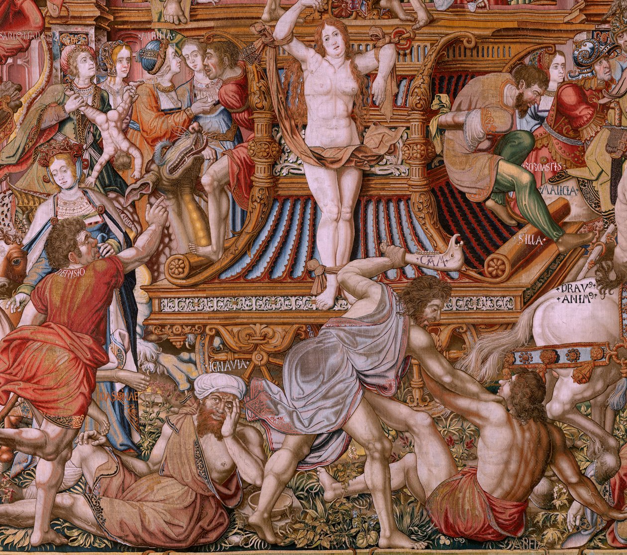 Flanderin kuvakudos. Sarja The Honours. Infamy (La Infamia). Sarjan kuudes kuvakudos. Mallisarjakuvapiirtäjät Bernard van Orleyn ja Jan Gossaertin (Mabuse) piiristä. Valmistus Pieter van Aelst, Bryssel. Noin 1550. Kangas Kulta, hopea, silkki ja villa. tekijältä Bernaert van (circle of) Orley