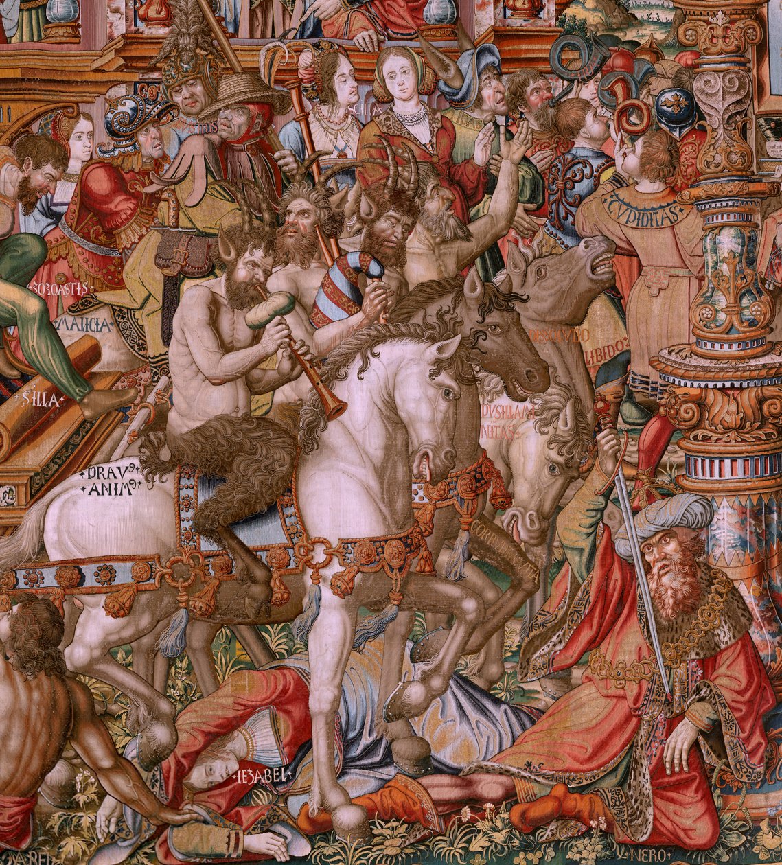Flanderin kuvakudos. Sarja The Honours. Infamy (La Infamia). Sarjan kuudes kuvakudos. Mallisarjakuvapiirtäjät Bernard van Orleyn ja Jan Gossaertin (Mabuse) piiristä. Valmistus Pieter van Aelst, Bryssel. Noin 1550. Kangas Kulta, hopea, silkki ja villa. tekijältä Bernaert van (circle of) Orley