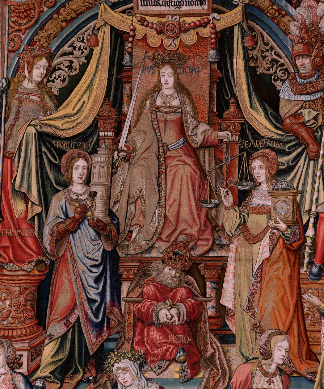 Flanderin kuvakudos. Sarja The Honours. Oikeus (La Justicia, Los Honores). Sarjan yhdeksäs kuvakudos. Mallisarjakuvapiirtäjät Bernard van Orleyn ja Jan Gossaertin (Mabuse) piiristä. Valmistus Pieter van Aelst, Bryssel. Noin 1550. Kangas Kulta, hopea, tekijältä Bernaert van (circle of) Orley