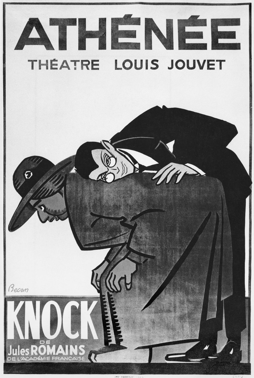 Jules, joka mainostaa Jules Romainsin (1885-1972) esitystä Knock or the Triumph of medicine Theatre Atheneessa (bw kuva) tekijältä Bernard Becan