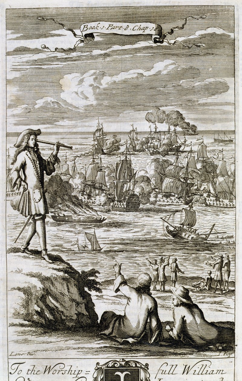 Meritaistelun katselu kaukoputken läpi, kuvitus Anthony Le Grandin "Filosofian periaatteet" kirjan 1 osan 8 luvusta 18, kaiverrus Johannes Kip (165253-1722), 1694 tekijältä Bernard II Lens