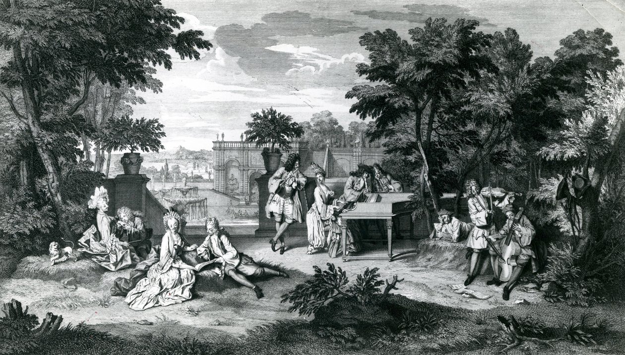 Lehtojen varjossa kauniina kesäpäivänä ... noin 1710 tekijältä Bernard Picart