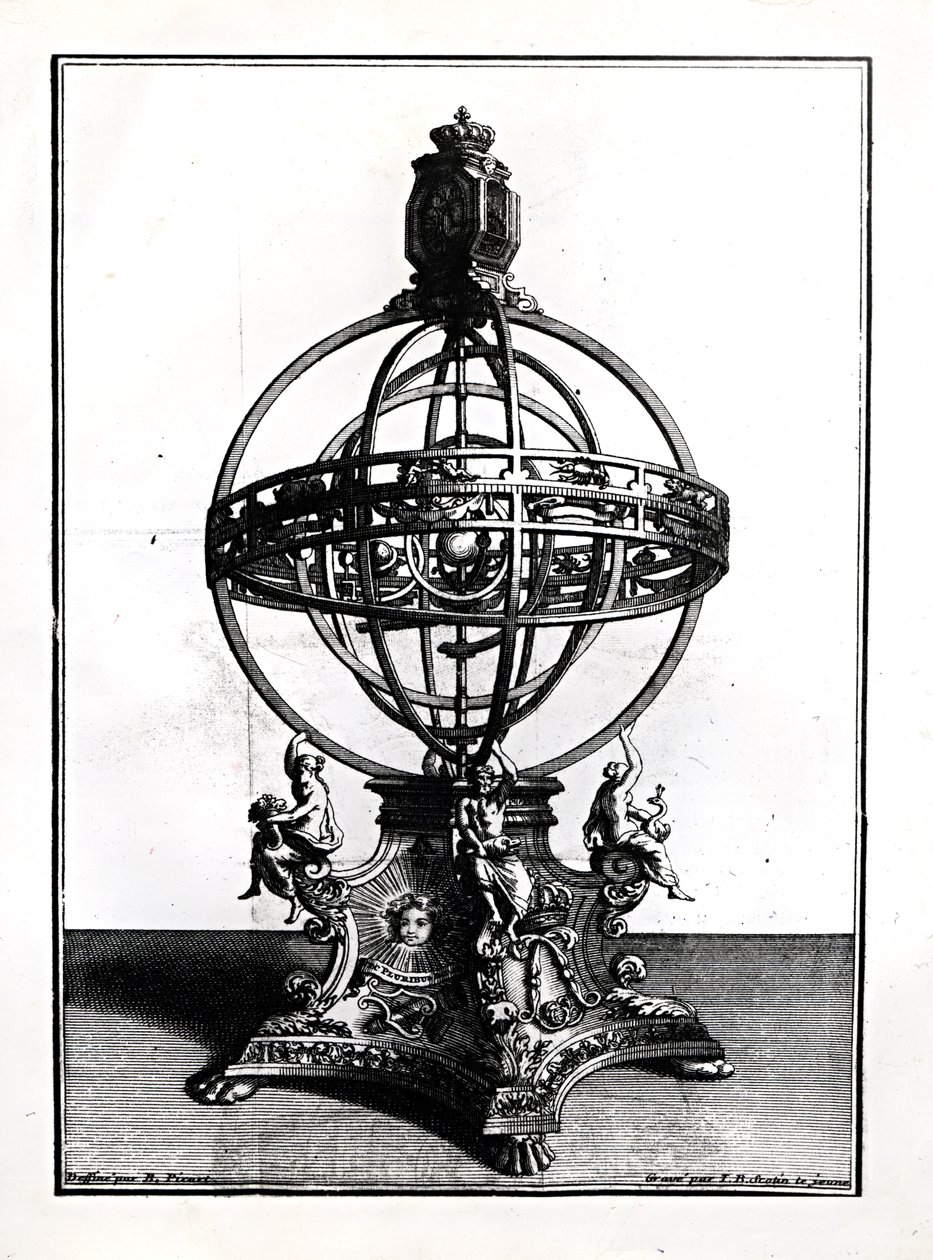 Kopernikaanisen järjestelmän armillaarinen pallo, kaivertanut Gerard Jean Baptiste Scotin (1671-1716) tekijältä Bernard Picart