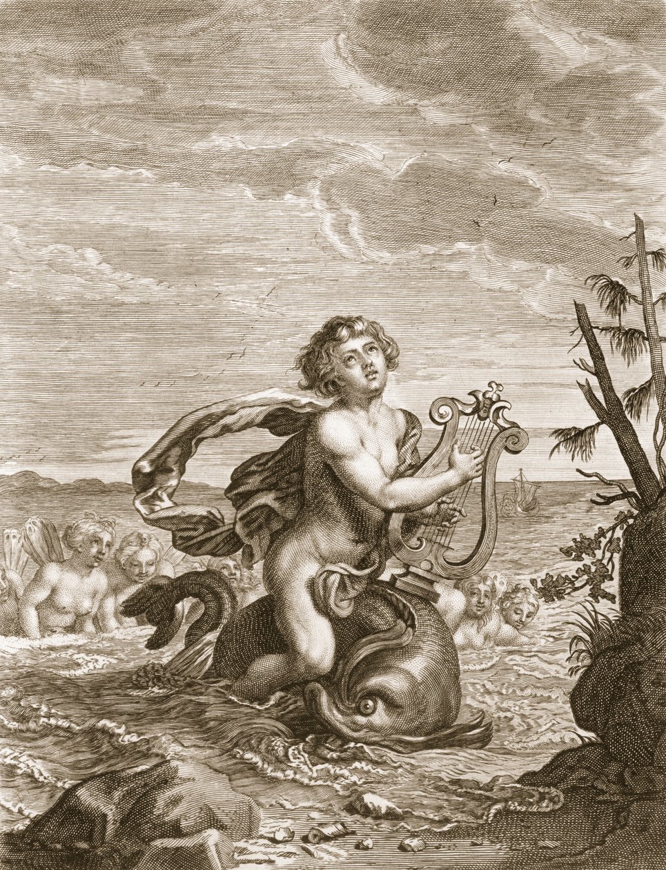 Delfiinin säilyttämä Arion, 1731 tekijältä Bernard Picart