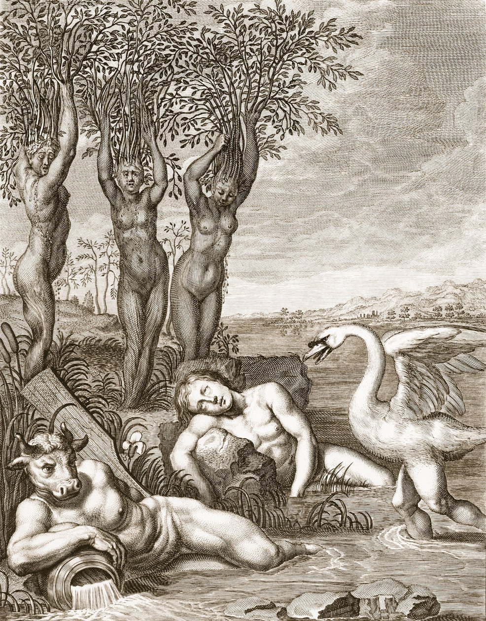 Cygnus muuttui joutseneksi ja Phaetonin sisaret poppeleiksi, 1731 tekijältä Bernard Picart