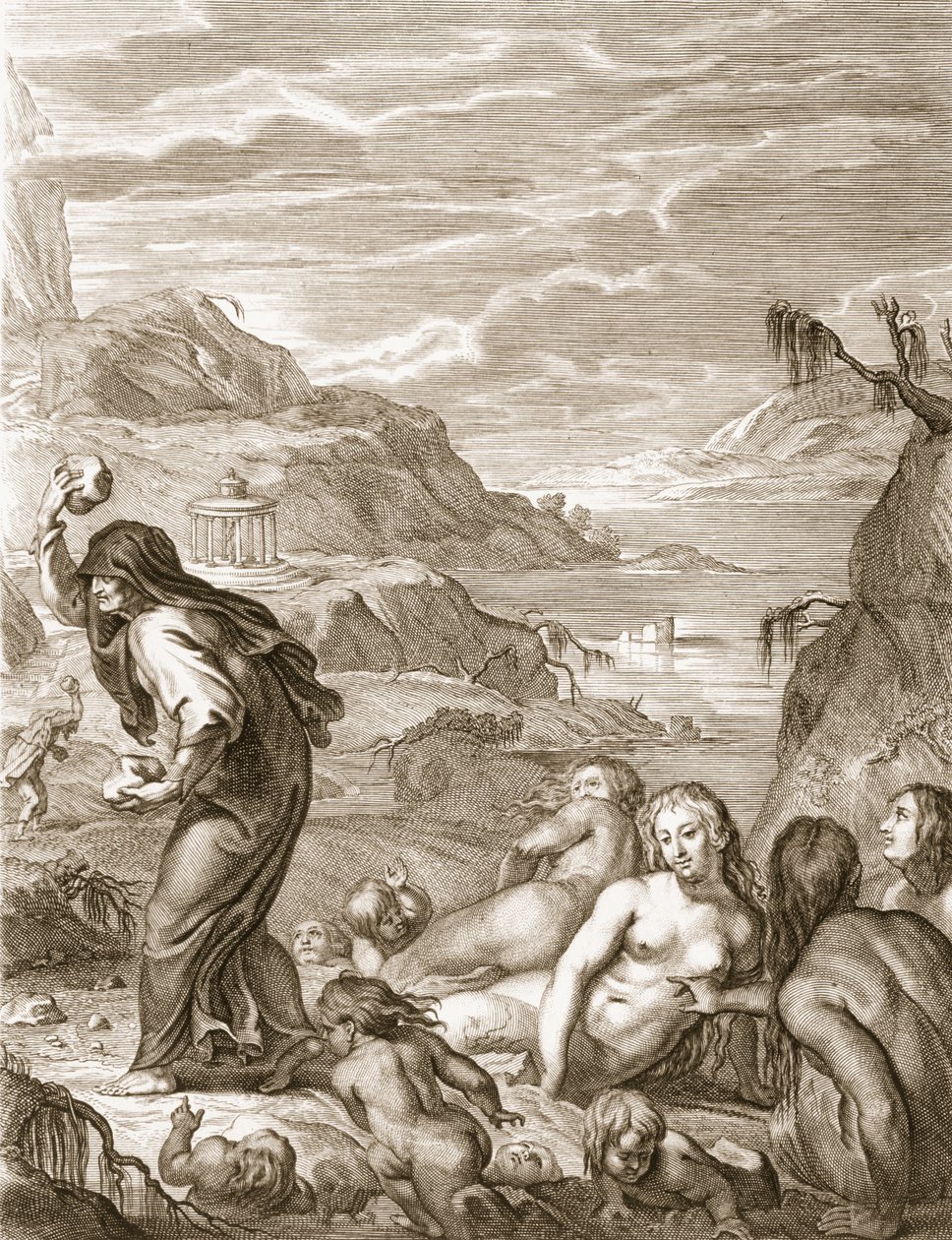 Deucalion ja Pyrrha valloittavat maailman heittämällä kiviä taakseen, 1731 tekijältä Bernard Picart