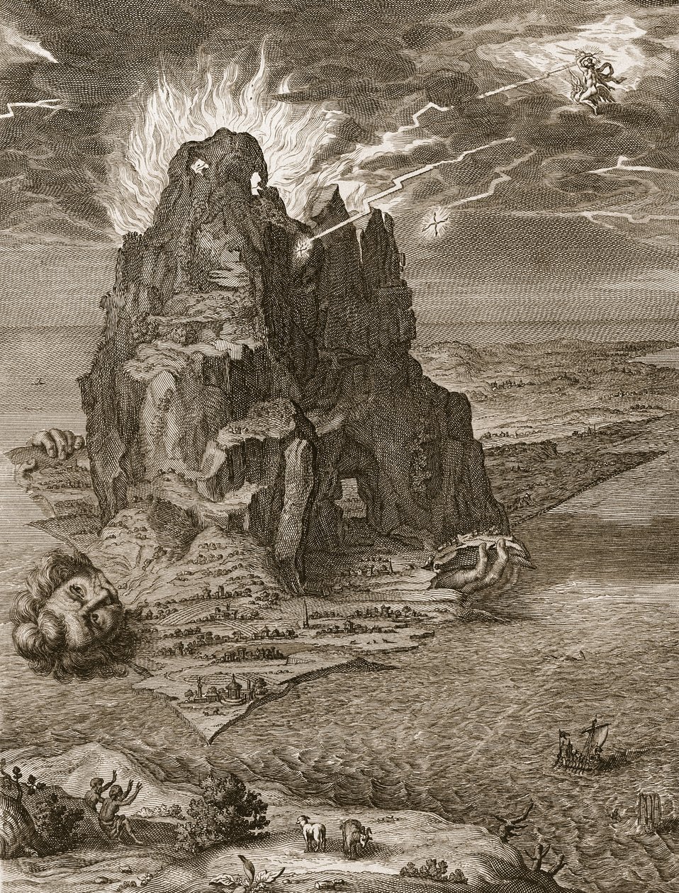 Enceladus haudattu Etna-vuoren alle, 1731 tekijältä Bernard Picart