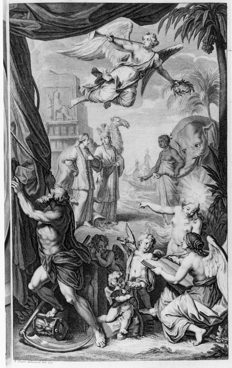 Cornelis de Bruijnin (n. 1652–1727) ensimmäinen ranskalainen painos, 1718, etukappale "Voyages ... par le Muscovie, en Persia, et aux Indes Orientales" tekijältä Bernard Picart