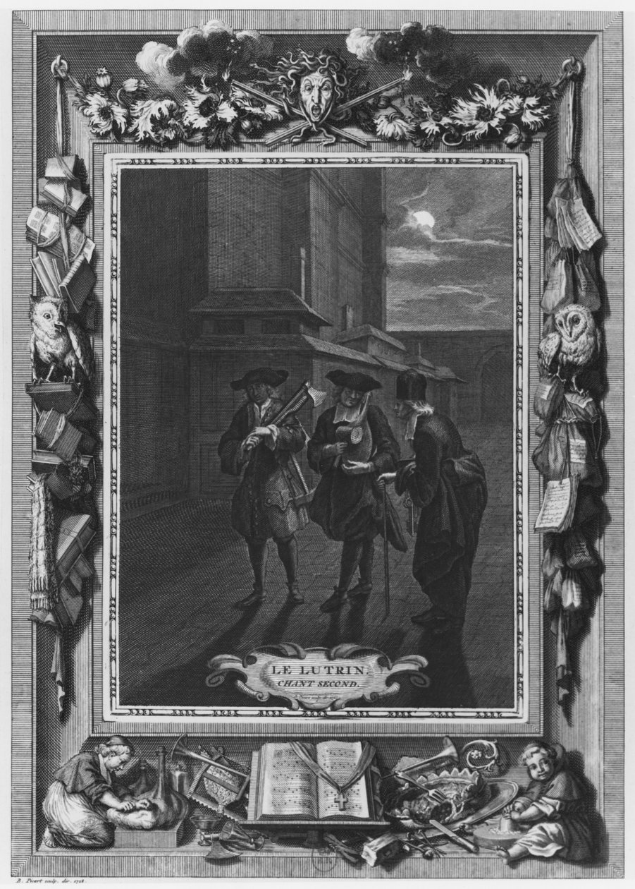 Kuvitus Nicolas Boileaun teoksesta "Le Lutrin", joka tunnetaan nimellä Boileau-Despreaux, 2. kanto, julkaistu vuonna 1728 tekijältä Bernard Picart