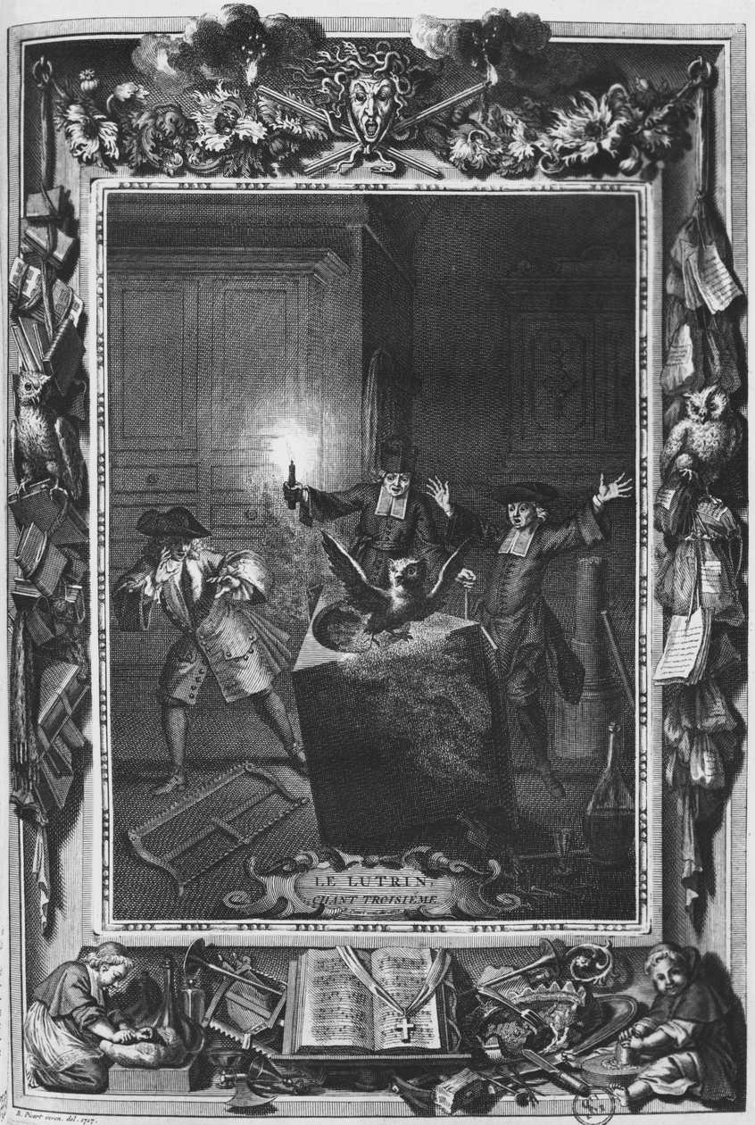 Kuvitus Nicolas Boileaun teoksesta "Le Lutrin", joka tunnetaan nimellä Boileau-Despreaux, 3. kanto, julkaistu vuonna 1728 tekijältä Bernard Picart