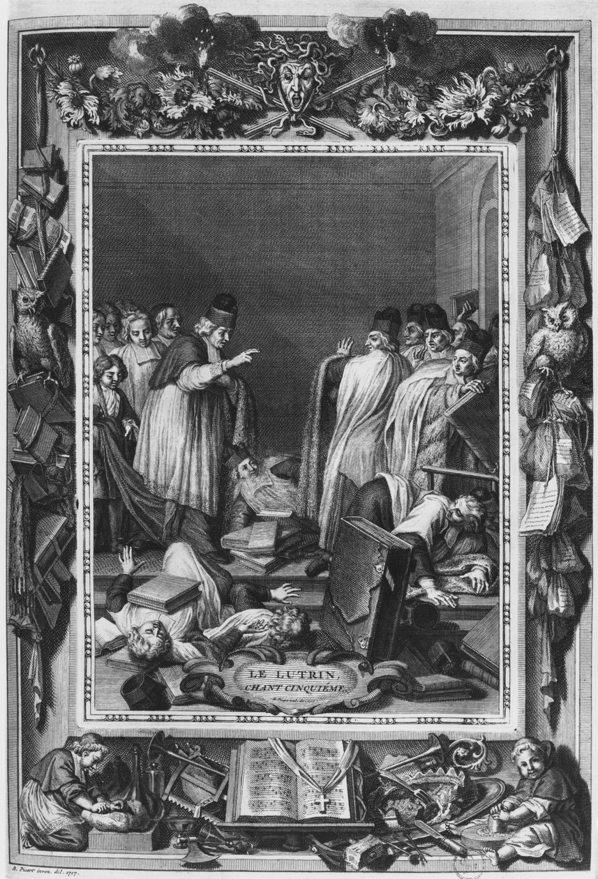 Kuvitus Nicolas Boileaun teoksesta "Le Lutrin", joka tunnetaan nimellä Boileau-Despreaux, 5. kanto, julkaistu vuonna 1728 tekijältä Bernard Picart
