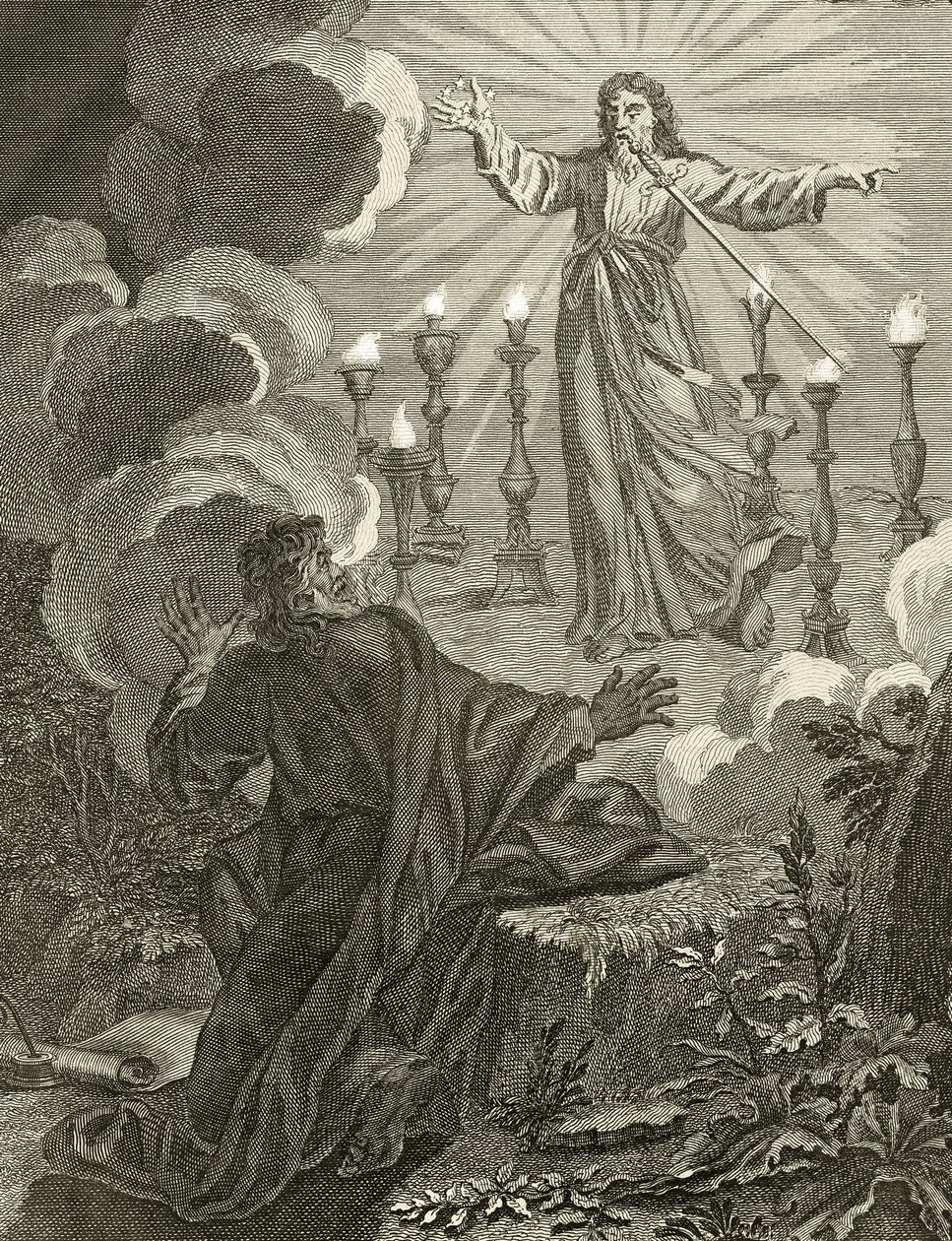Jeesus ilmestyy Ilmestyskirjassa pitäen seitsemän tähteä oikeassa kädessään ja kaksiteräinen miekka lähtevän suustaan, 1763 tekijältä Bernard Picart