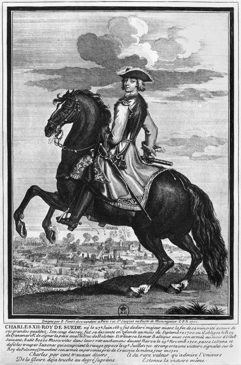 Ruotsin kuningas Kaarle XII (1682-1718) hevosen selässä, 1702 tekijältä Bernard Picart