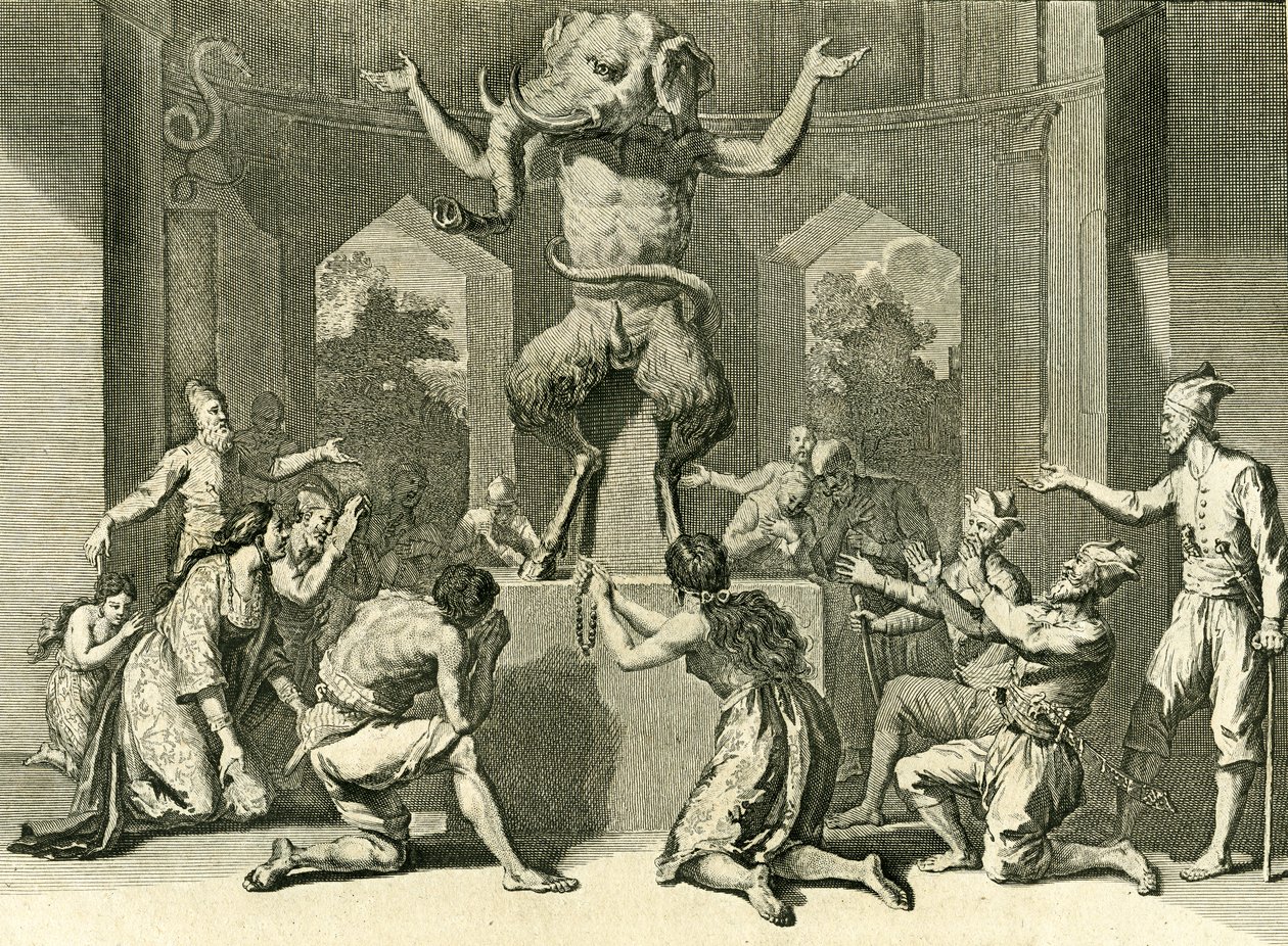 Ceylonin ihmiset palvovat Ganeshia, viisauden, terveyden ja vaurauden antajaa, 1729 (kuparikaiverrus) tekijältä Bernard Picart