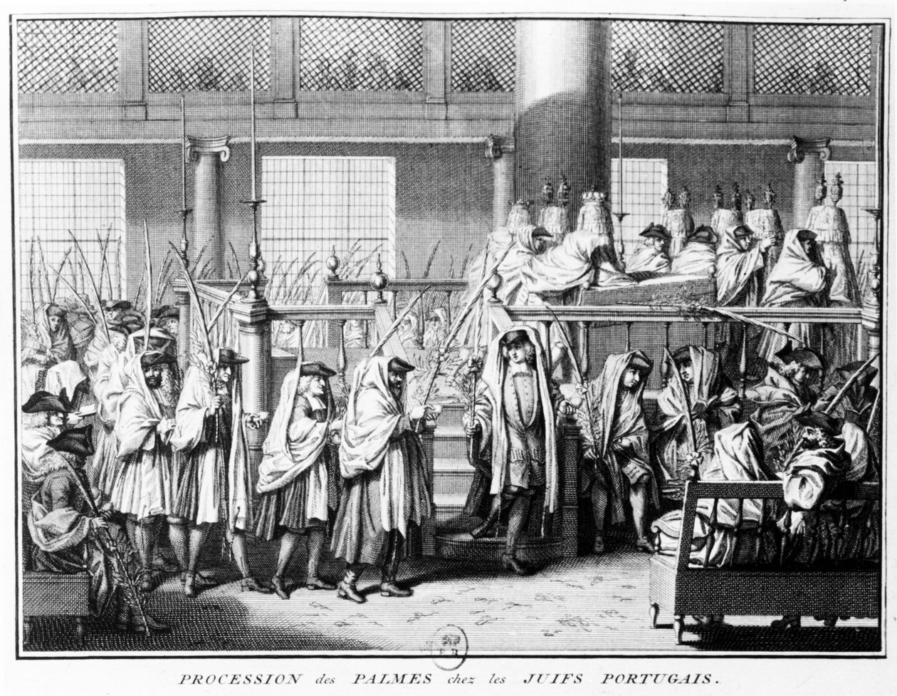 Palmujen kulkue ((Hoschana Rabah) tabernaakkelijuhlan aikana Portugalin juutalaisten keskuudessa, 1725 tekijältä Bernard Picart
