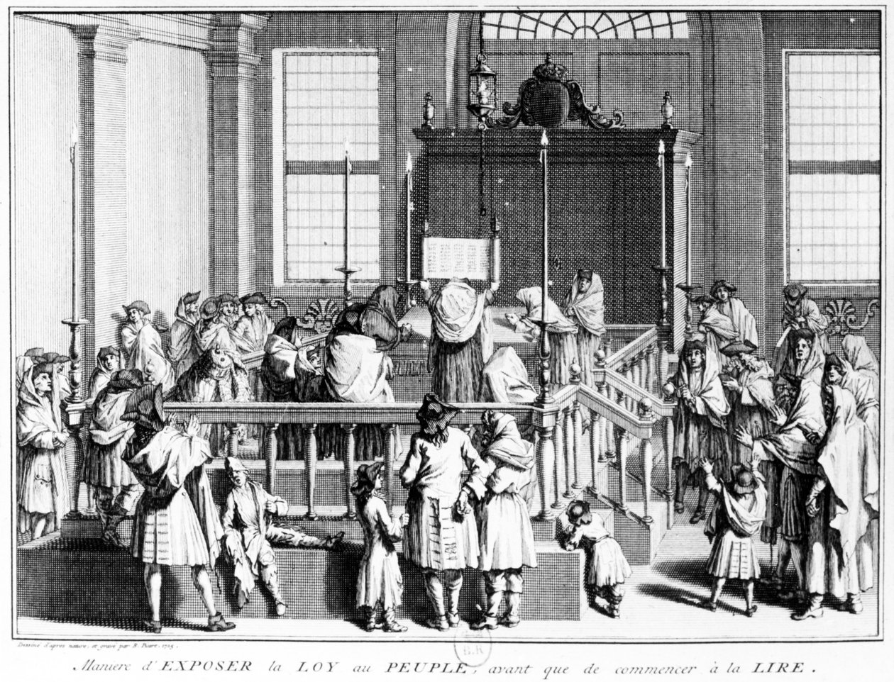 Lain näyttäminen ihmisille synagogassa ennen lukemisen aloittamista, 1725 tekijältä Bernard Picart