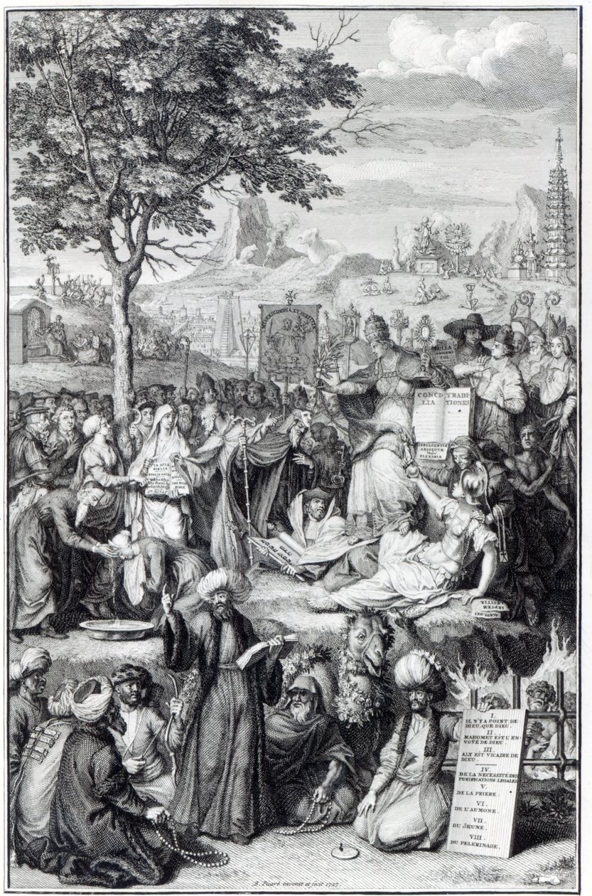 Maailman periaatteelliset uskonnot, kuvitus teoksesta "Uskonnolliset seremoniat ja tullit", 1727 tekijältä Bernard Picart