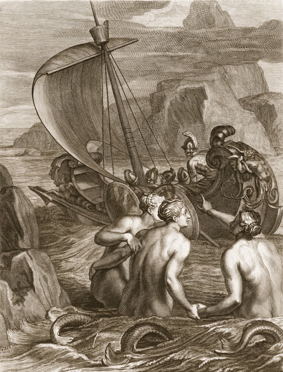 Ulysses ja hänen seuralaisensa välttävät sireenien hurmaa, 1731 tekijältä Bernard Picart