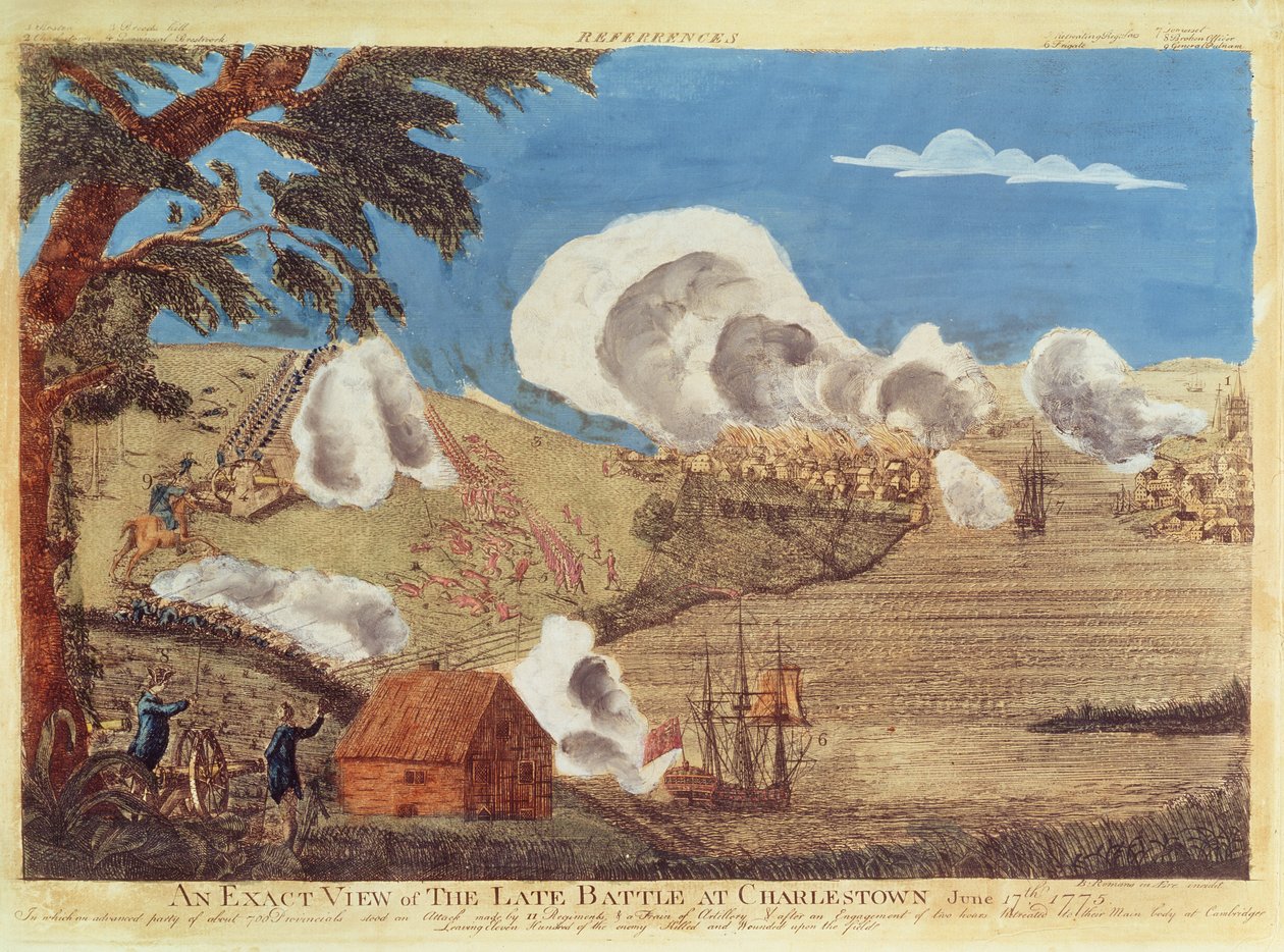 Tarkka näkymä myöhään Charlestownin taistelusta 17. kesäkuuta 1775 tekijältä Bernard Romans