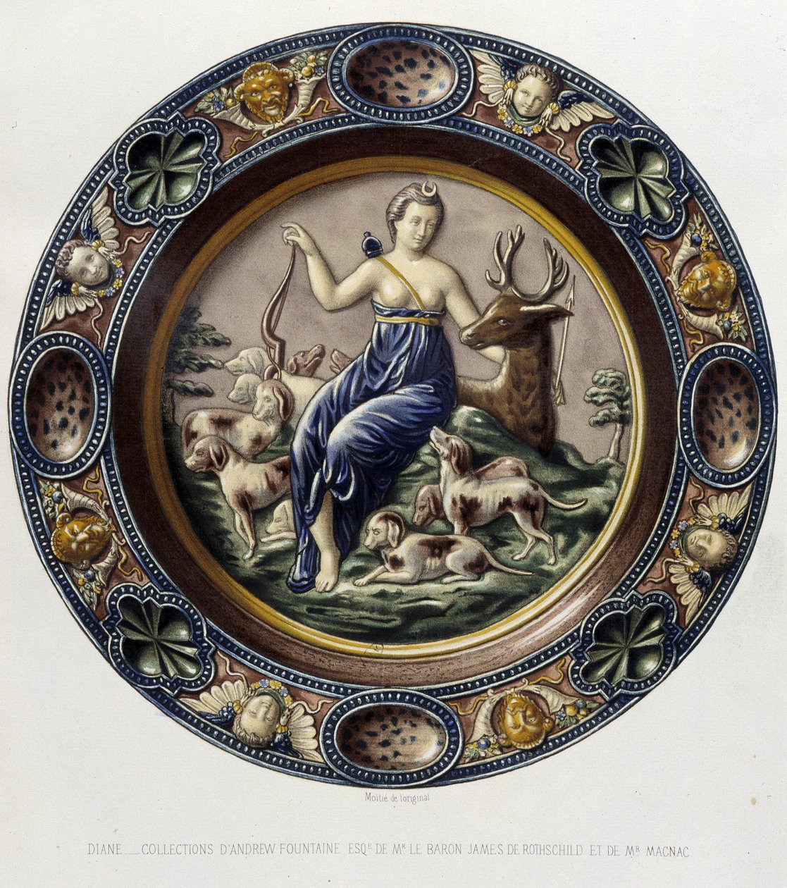 Diane (Artemis) chasseresse - Plat céramique, C. Delangen ja C. Bornemanin teoksessa "Bernard Palissyn teos", Pariisi tekijältä Bernard (after) Palissy