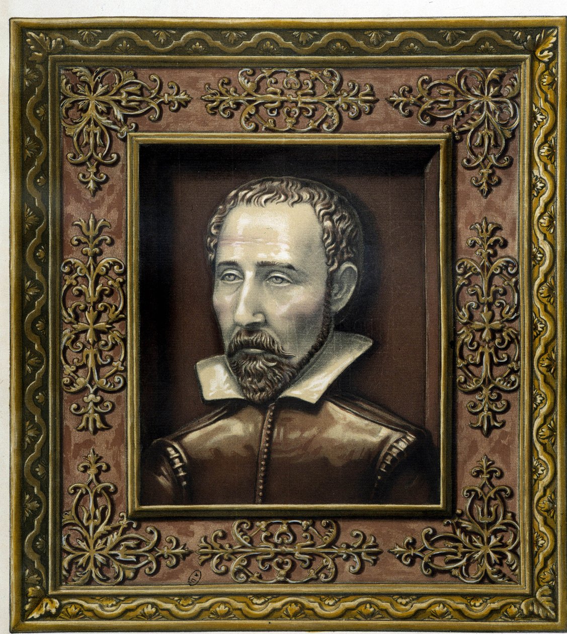 Bernard Palissyn muotokuva, jonka hän on itse toteuttanut keramiikkaastioissa - C. Delangen ja C. Bornemanin teoksessa "Bernard Palissyn teos", Pariisi tekijältä Bernard (after) Palissy