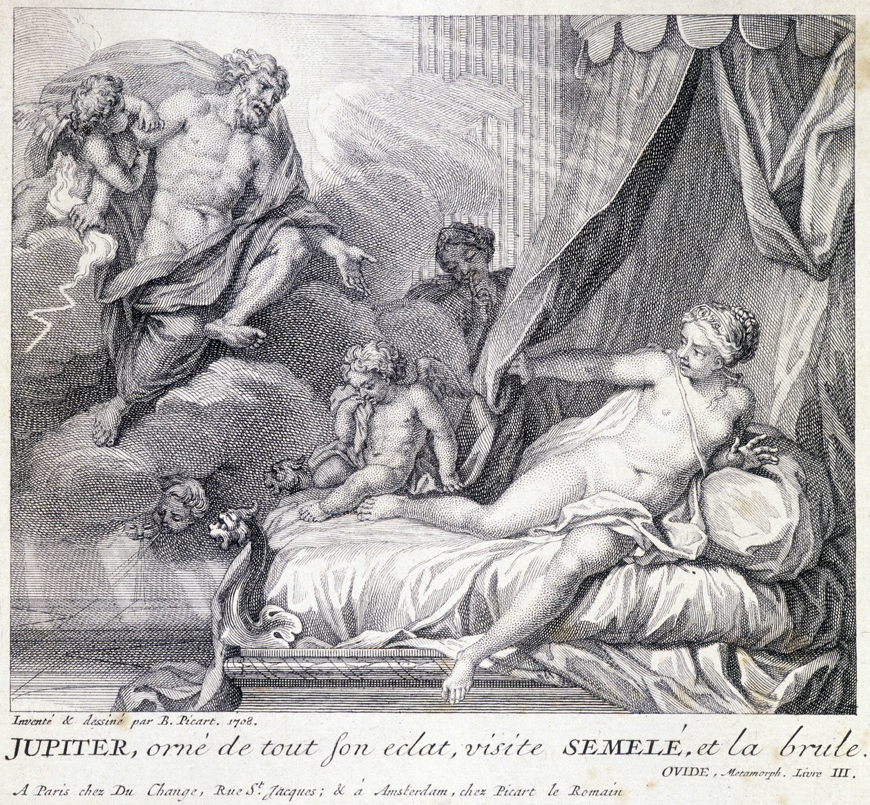 Jupiter (Zeus) polttaa Semelen salamallaan. Kaiverrus 1700-luvulta B. Picartin vuonna 1708 tehdyn piirustuksen jälkeen. tekijältä Bernard (after) Picart