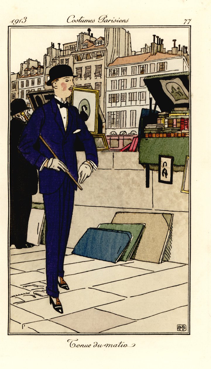 Homem de terno, chapéu-coco e bengala passando por livrarias no Sena. Traje da manhã. Pochoir (estêncil) colorido à mão após uma ilustração de Bernard Boutet de Monvel do Journal des Dames et des Modes de Tommaso Antongini, Aux Bureaux du Journafinnish tekijältä Bernard Boutet de Monvel