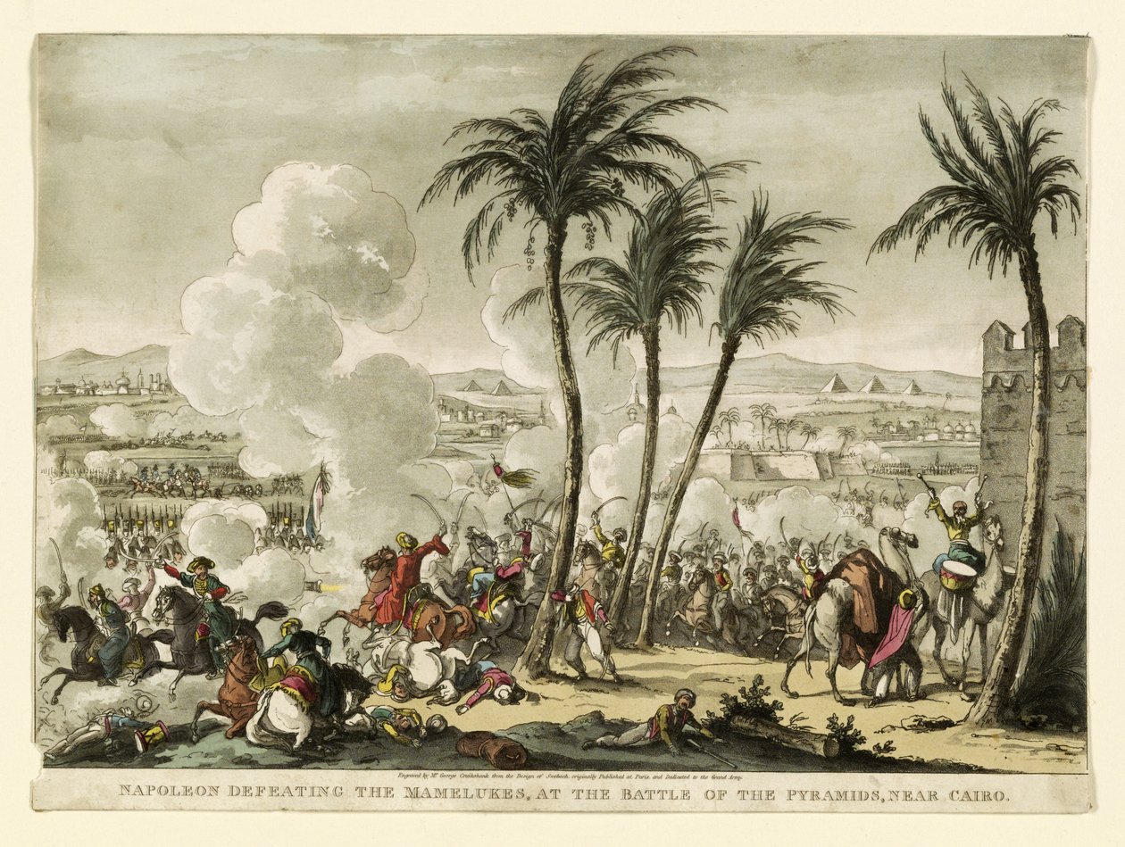 Napoleon voitti Mamelukit pyramidien taistelussa lähellä Kairoa, kaiverrus George Cruikshank (1769-1823), pub. 1823 (käsinvärinen kaiverrus) tekijältä Bernard Edouard Swebach
