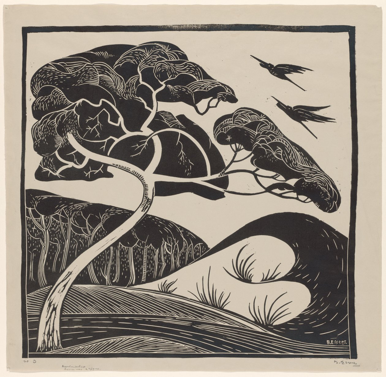 Dyynimaisema (otsikko esineessä) Puu, jossa on 2 haikaroita (otsikko esineessä) tekijältä Bernard Essers (signed by artist)