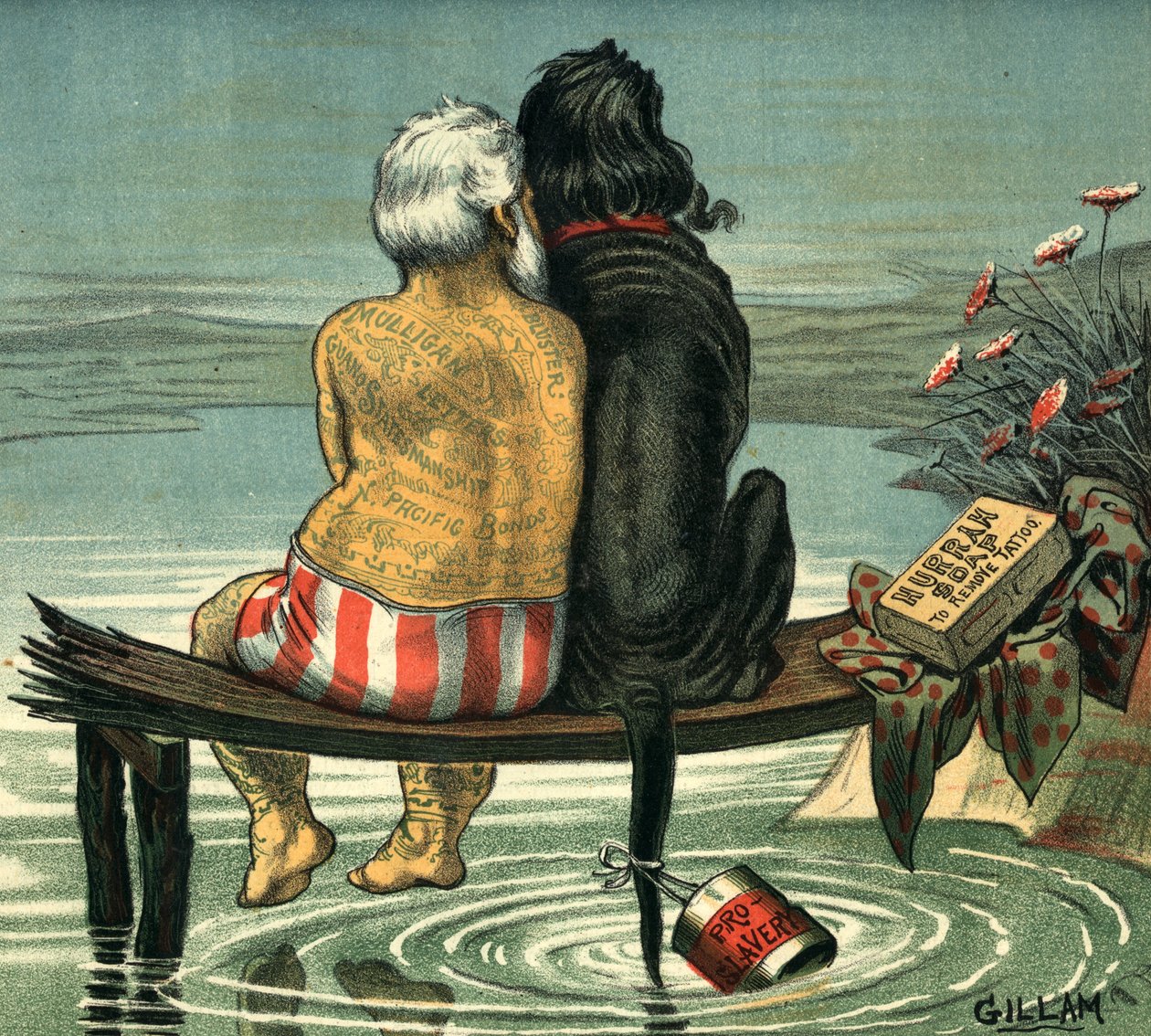 Minä ja Jack julkaistiin Puck Magazinessa 1884, (värikromolitografia) tekijältä Bernard Gillam