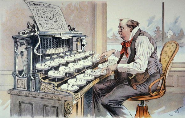 The Administration Typewriter, sarjakuva Judge-lehdelle, jossa Grover Cleveland rakentaa alustaansa toiselle virkakautlleen tekijältä Bernard Gillam