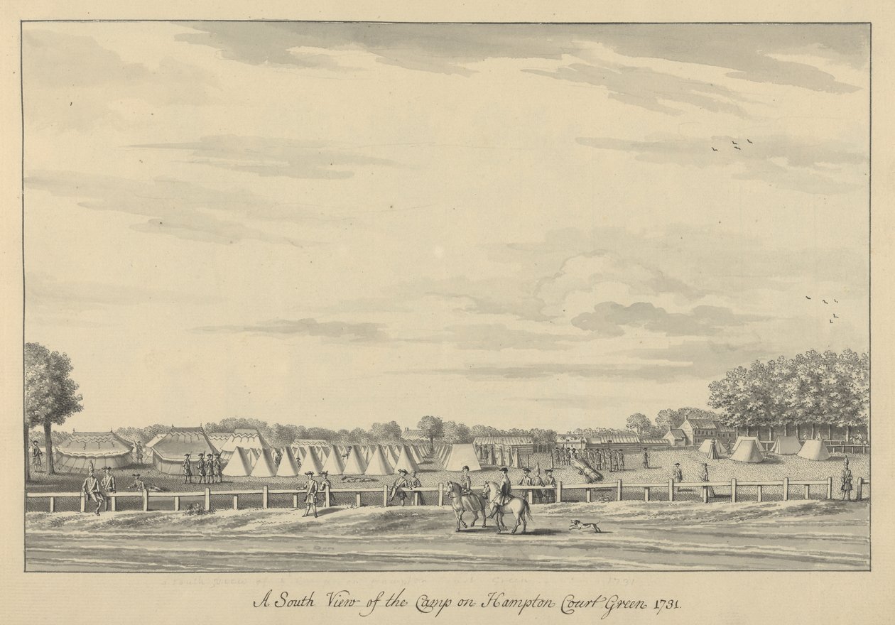 Eteläinen näkymä leiristä Hampton Court Greenissä 1731, 1731-33 (kynä ja musta muste ja pesu paperille) tekijältä Bernard III Lens