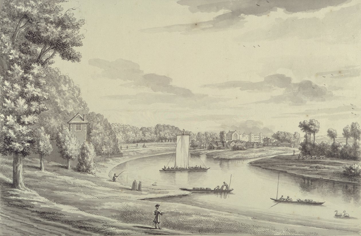 Länsinäkymä Hampton Court Ferrystä ja Hampton Churchista etäisyydellä, 1731-33 (kynä ja musta muste ja pesu paperille) tekijältä Bernard III Lens