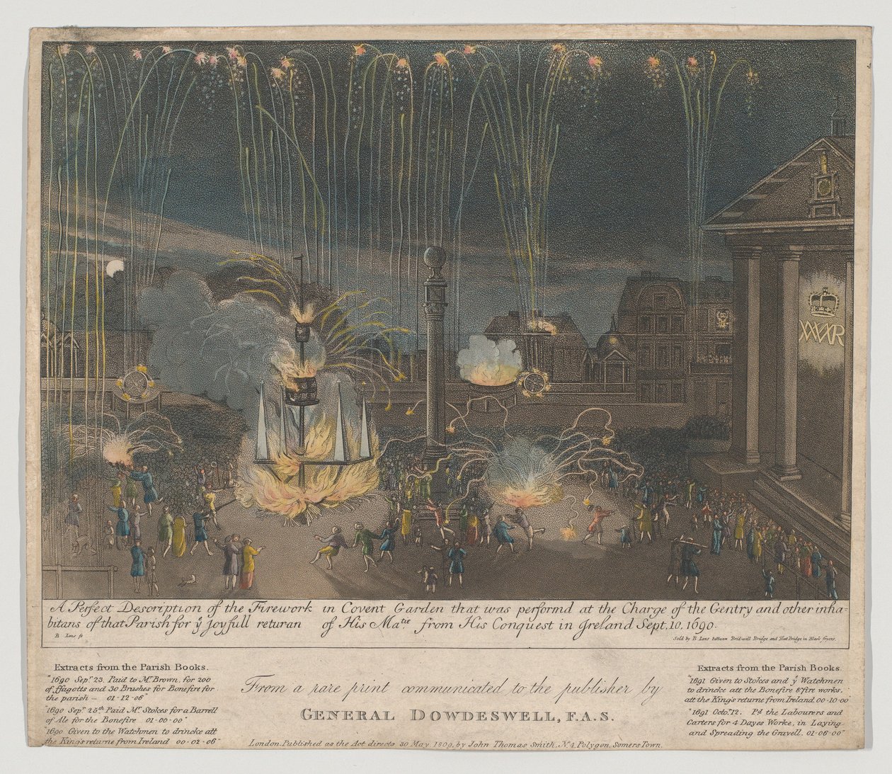 Ilotulitus Covent Gardenissa, 1809 (etsaus ja akvatintta, käsin värjätty) tekijältä Bernard II Lens