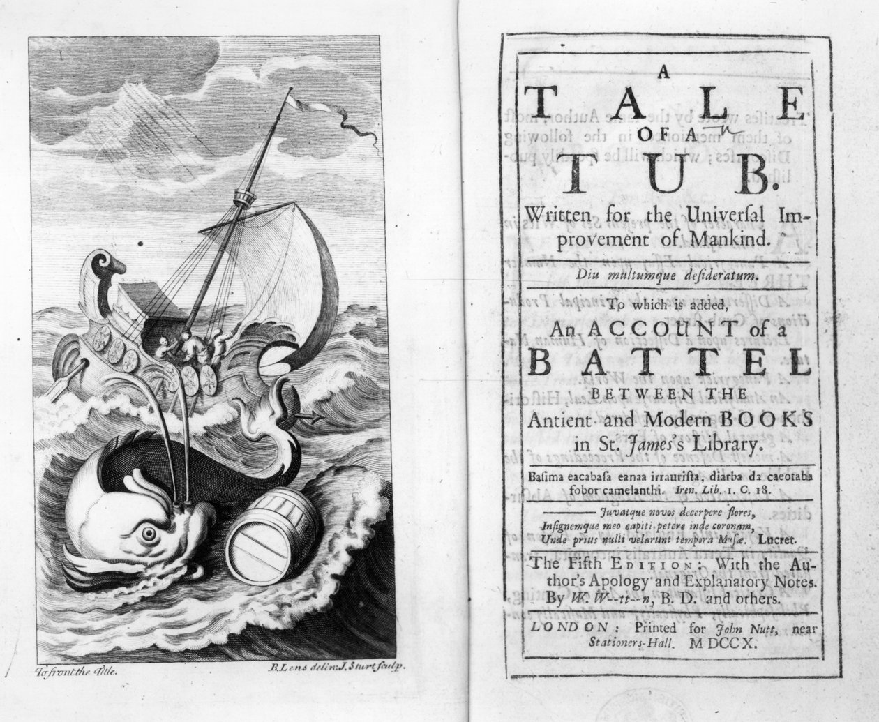 Jonathan Swiftin A Tale of a Tub etukappale ja otsikkosivu, kaiverrus John Sturt, 1704 tekijältä Bernard II Lens