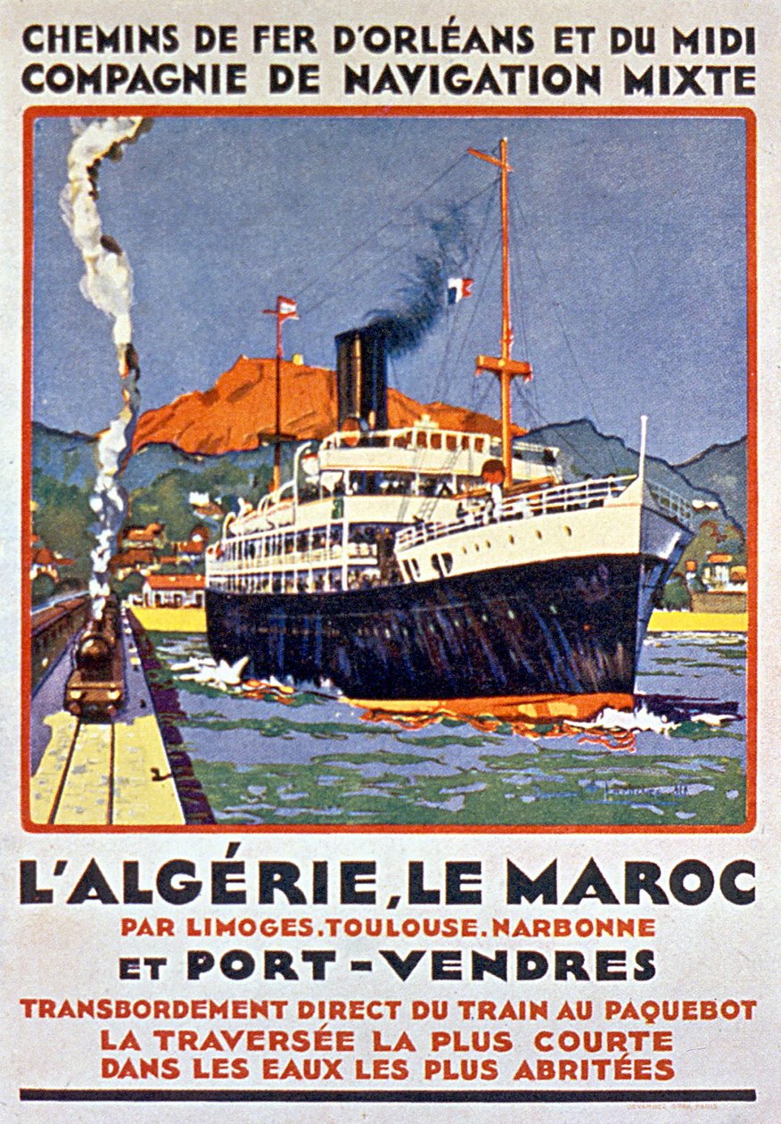 Mainosjuliste Ranskan rautateille, jotka kulkevat Algeriaan ja Marokkoon Ranskasta Limogesin, Toulousen, Narbonnen ja Port Vendresin kautta noin 1900. tekijältä Bernard Lachevre