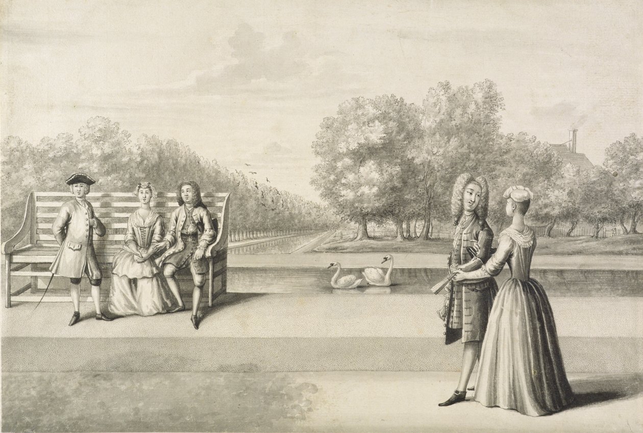 Figuurit Long Waterin rannalla, Hampton Court Palace (harmaa pesu kynällä ja musteella kynällä paperilla) tekijältä Bernard Lens