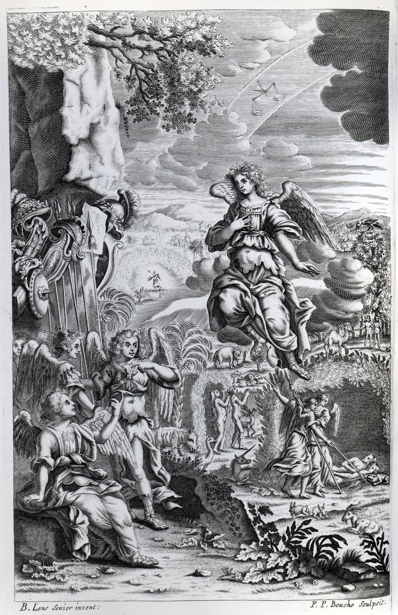 Arkkienkeli Uriel ilmoittaa Gabrielille, että Saatana on Eedenin puutarhassa, kuvitus John Miltonin teoksesta "Kadonnut paratiisi", kaiverrettu P.P Bouche, kuudes painos, 1695 tekijältä Bernard Lens